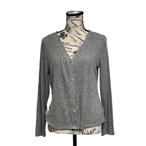Tahari Grey Marled Snap Ribbed Cardigan Sweater Cropped Preppy Casual Grunge M - Picture 1 of 8